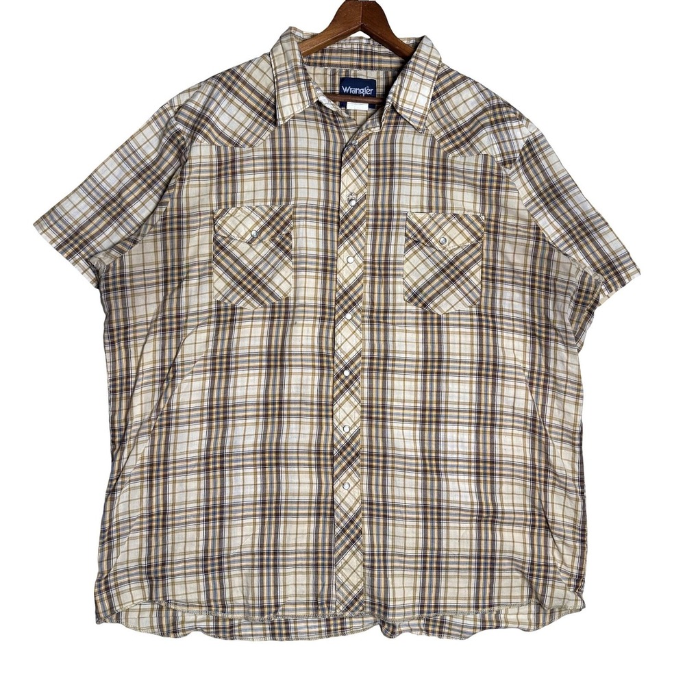 Wrangler Mens Western‎ Shirt 2XT Tall Tan Brown Plaid Pearl Snap Short Sleeve
